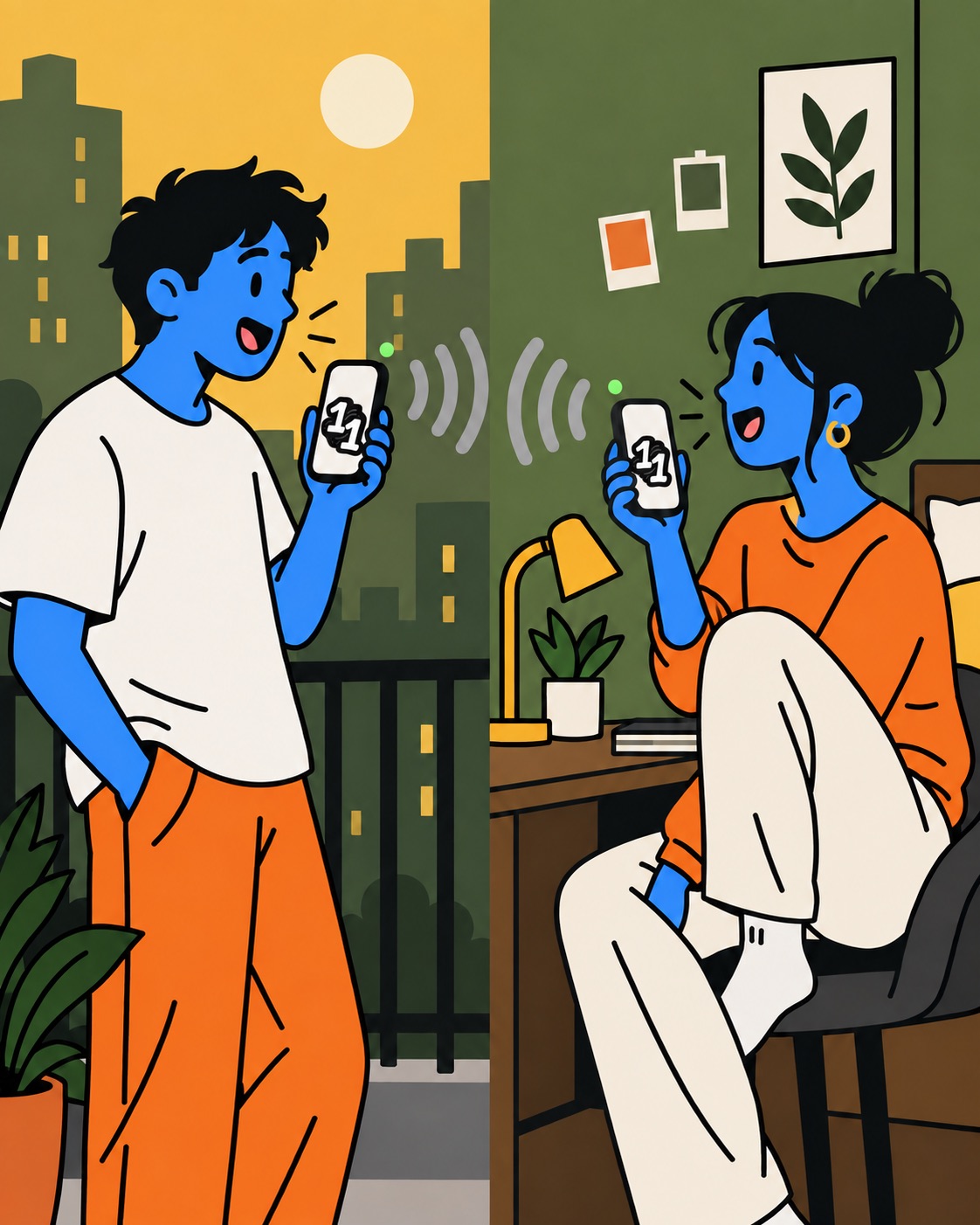 Two friends on Duo — one out on a balcony, one at home, talking live